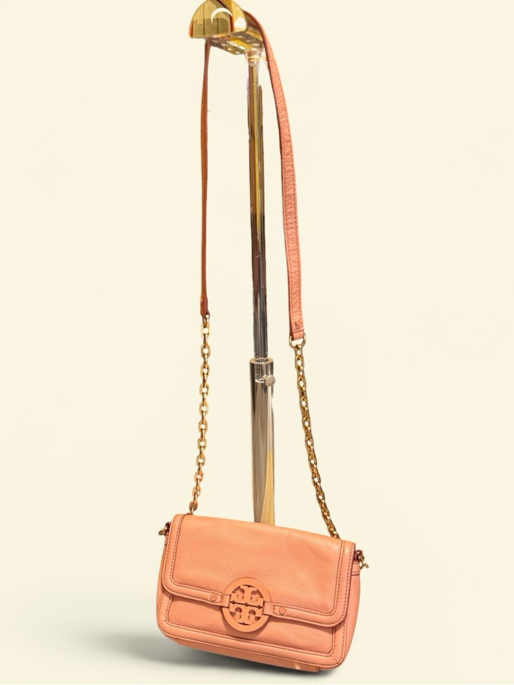 Tory Burch Peach Amanda Mini Crossbody. Pebbled Leather